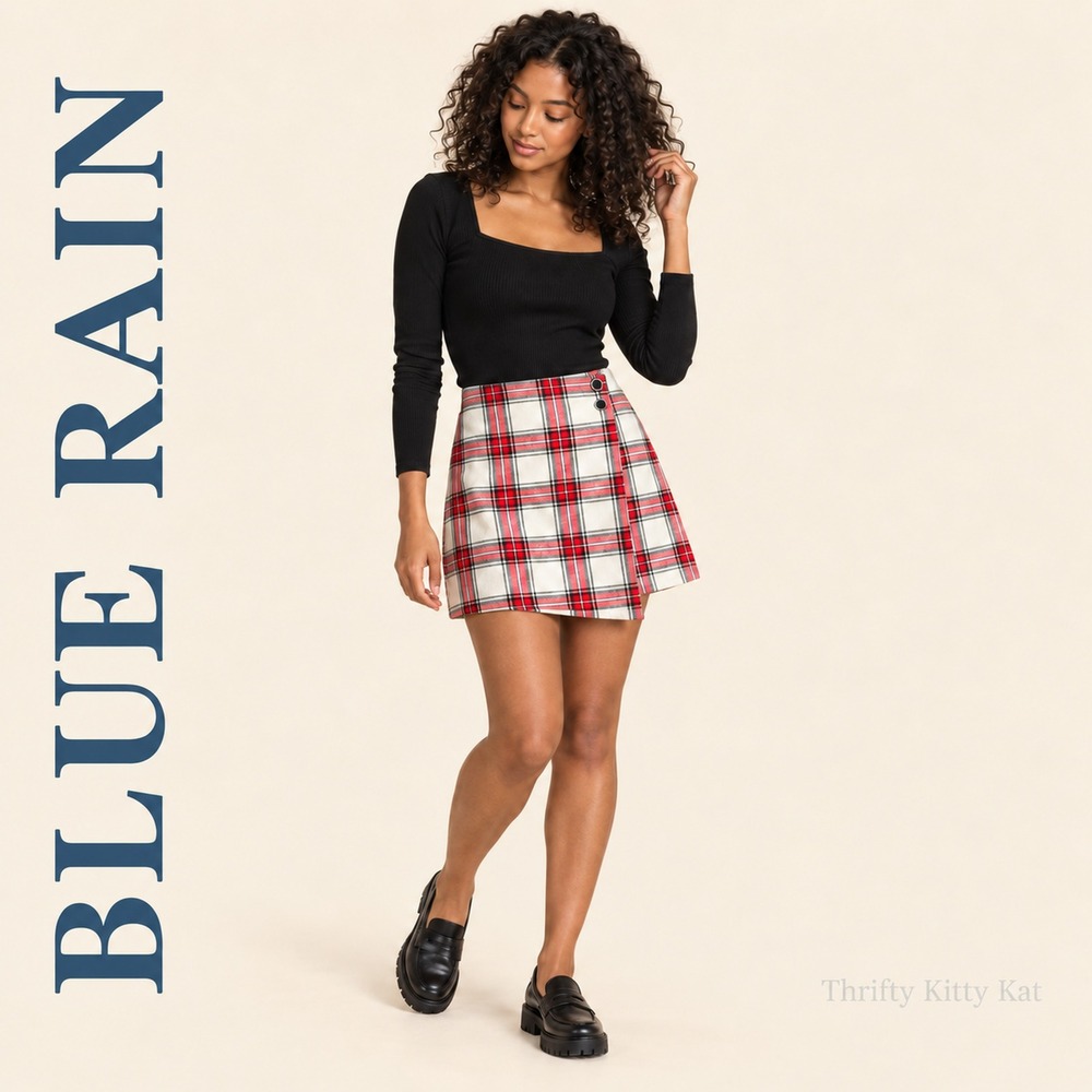 Blue Rain Amelia Plaid Faux Wrap Mini Skirt Button Front Red Ivory Preppy S